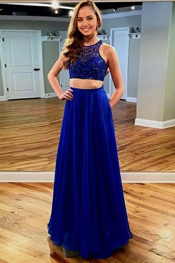 Vestido de fiesta de dos piezas de gasa azul rey hasta el suelo con bolsillos de encaje